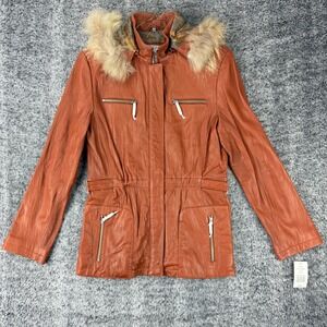 Juliet Michelle Women L Lambskin Leather Fur Detachable Hood Parka Jacket Brown